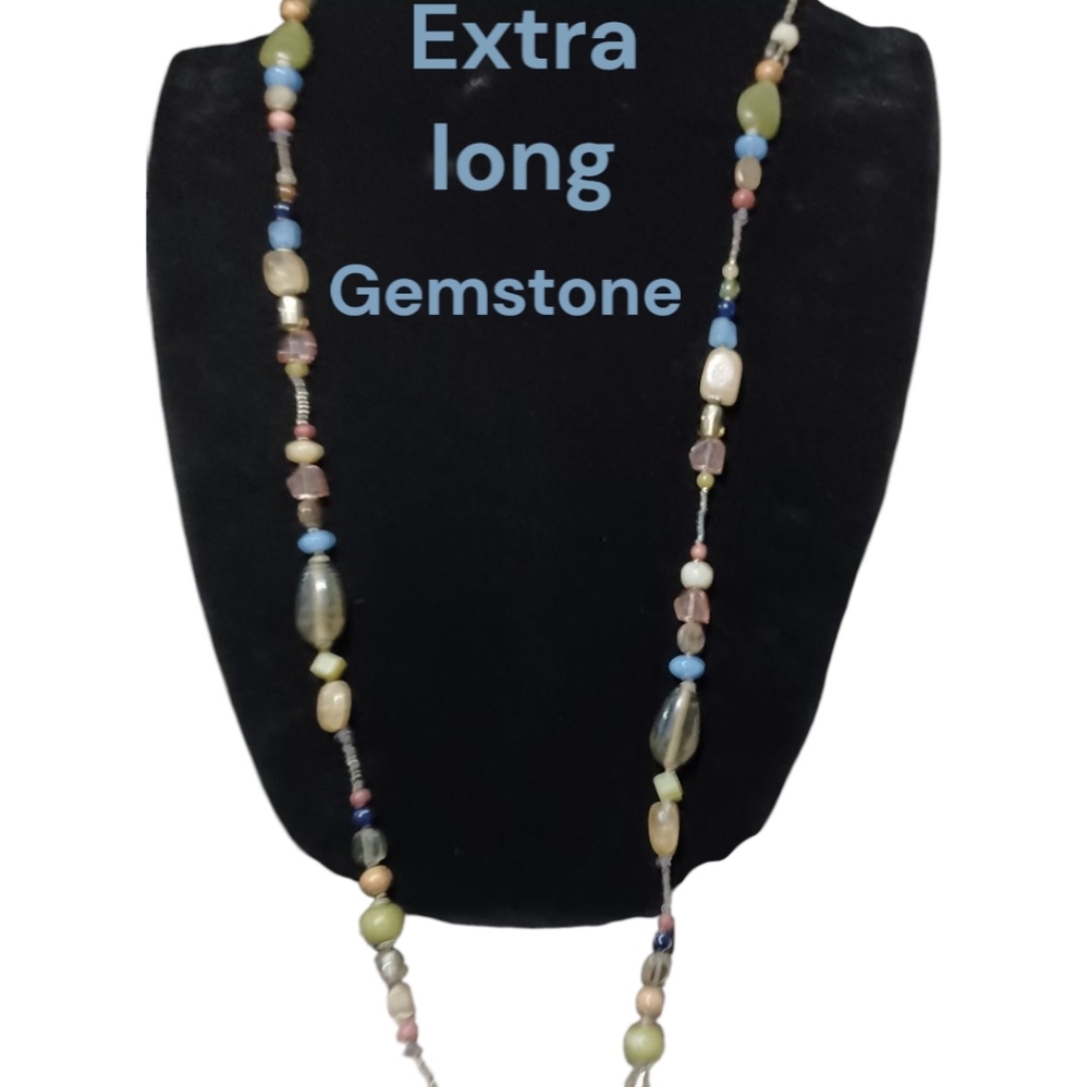 Extra Long Heavy Gemstone Beaded Necklace - Multicolor Multistone Semi Precious